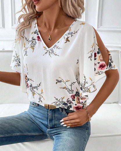 Blusa stampata con scollo a V e spalle scoperte