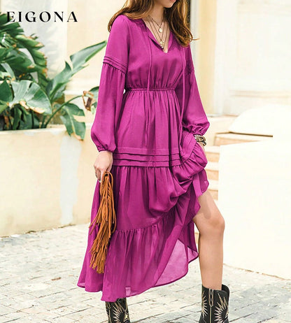 Tie Neck Long Sleeve Midi Tiered Dress Fuchsia clothes H.R.Z Ship From Overseas