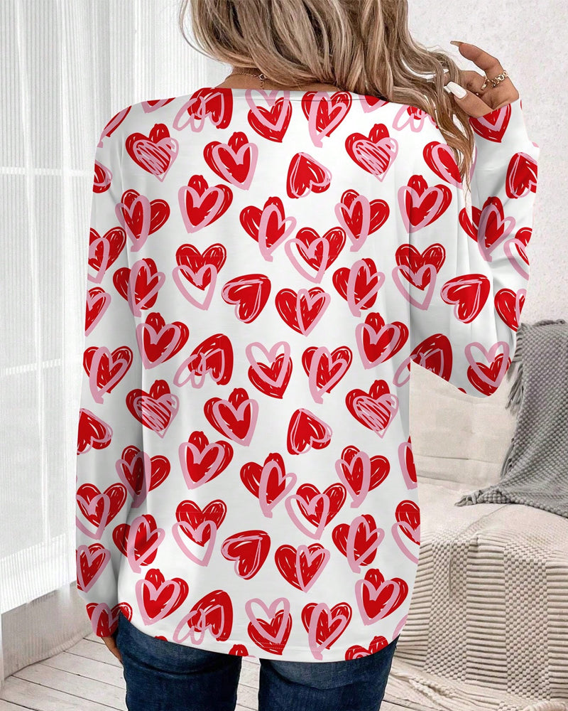 Round Neck Heart Print Long Sleeve Top blouses & shirts heart pattern valentine's day heart print mm-tops spring summer