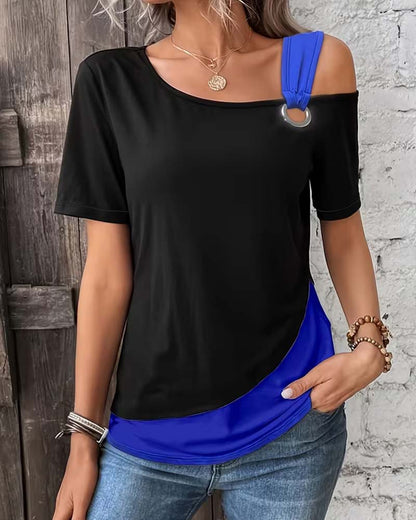Cold Shoulder Color-Block Casual T-Shirt