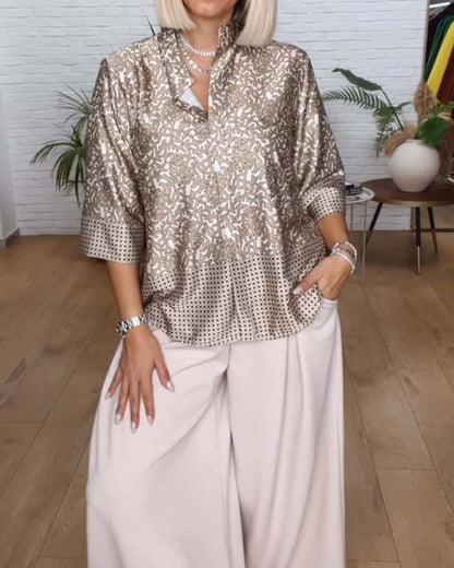Stand-Collar Printed Satin  Blouse