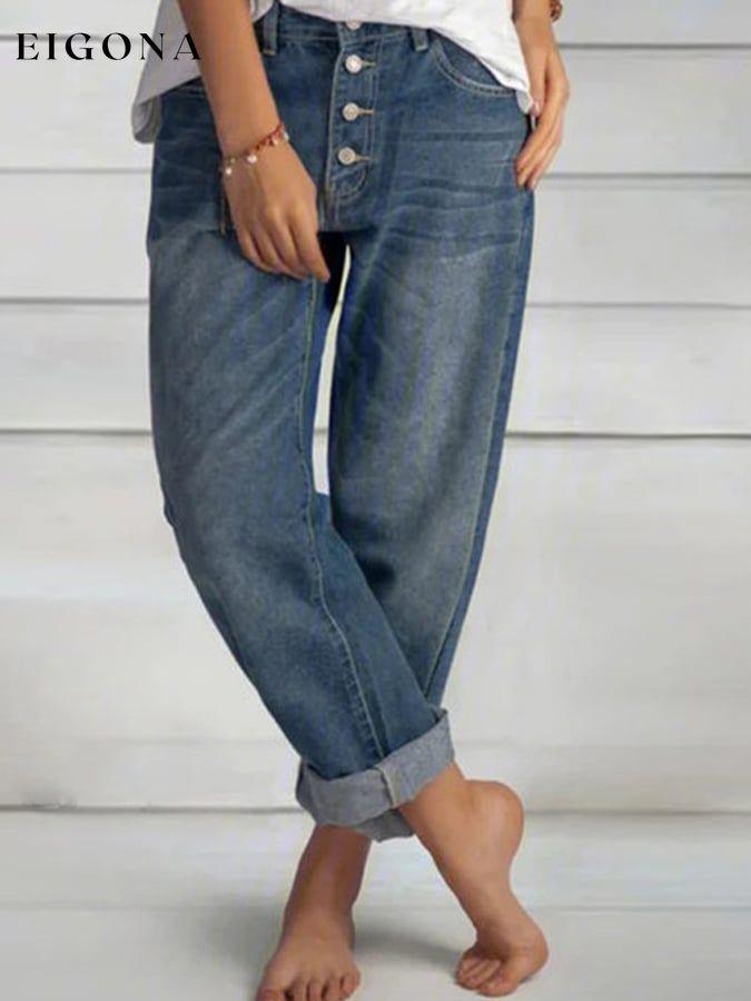 Casual Loose Buttons Pockets Mid Waist Jeans bottom