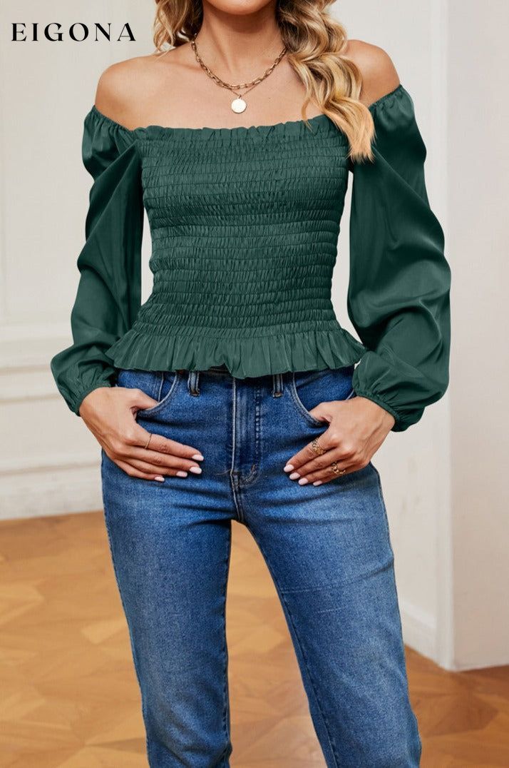 Smocked Off-Shoulder Ruffle Hem Blouse Green clothes long sleeve shirt off the shoulder shirt ruffled shirt Ship From Overseas Shipping Delay 09/29/2023 - 10/02/2023 shirt shirts X&D