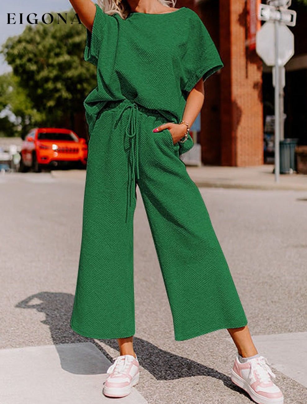 Dark Green Textured Loose Fit T Shirt and Drawstring Pants Set 2 pieces Best Sellers clothes EDM Homewear EDM Monthly Recomend Fabric Ribbed lounge wear Occasion Home pants set Print Solid Color Season Summer sets Silhouette Wide Leg Style Casual