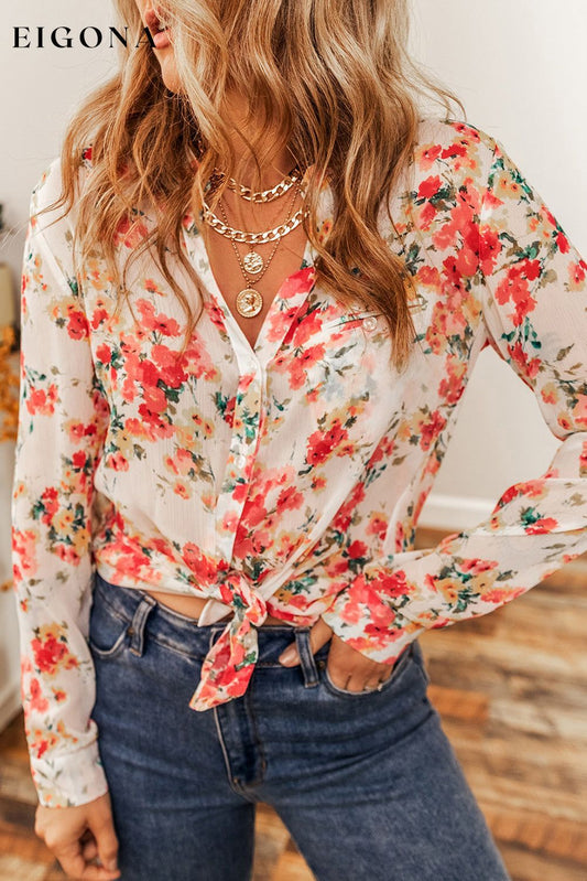 Vibrant Floral Print Chest Pocket Shirt Snow White Polyester All In Stock clothes Color Red DL Chic DL Exclusive long sleeve shirts long sleeve top long sleeve tops Occasion Daily Print Floral Season Winter shirt shirts Style Southern Belle top tops