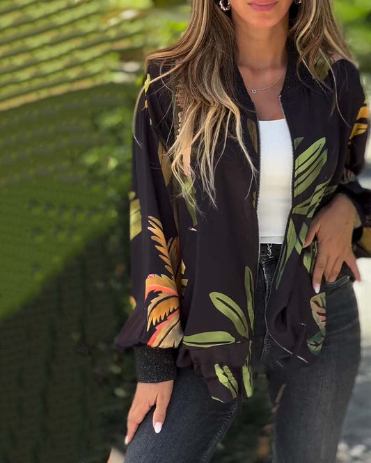 Long Sleeve Printed Zipper Coat