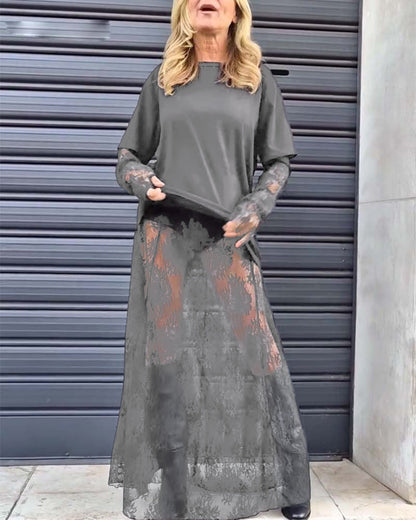 Zweiteiliges Set – einfarbiges T-Shirt und Spitzenrock