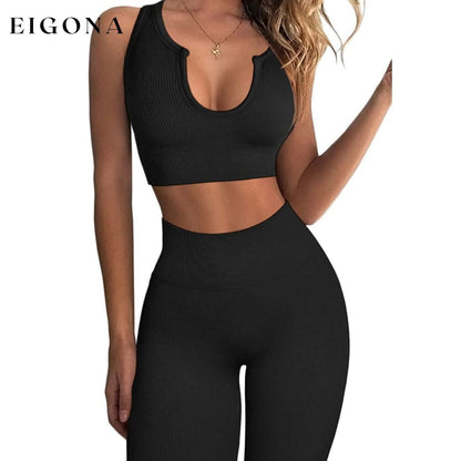 2-Piece Set: Ribbed Seamless Crop Tank High Waist Yoga Leggings Black __stock:200 bottoms refund_fee:1200