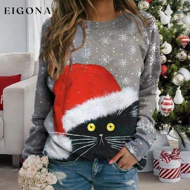 Christmas Cat Print Sweatshirt Gray best Best Sellings clothes Plus Size Sale tops Topseller