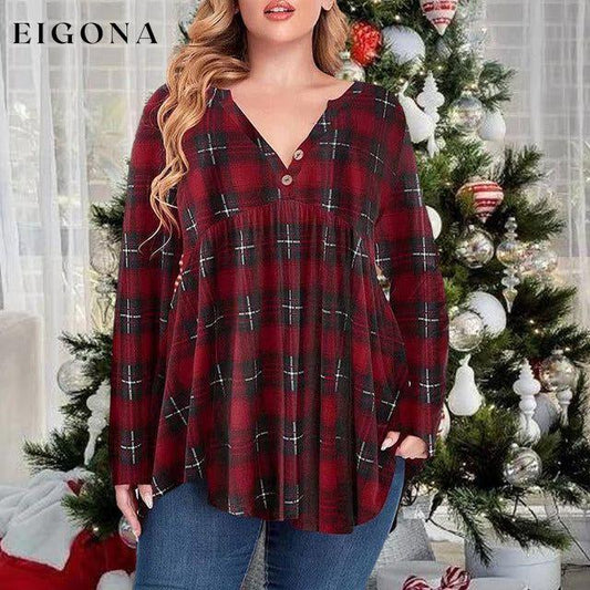 Irregular Plaid Print Blouse Red best Best Sellings clothes Plus Size Sale tops Topseller