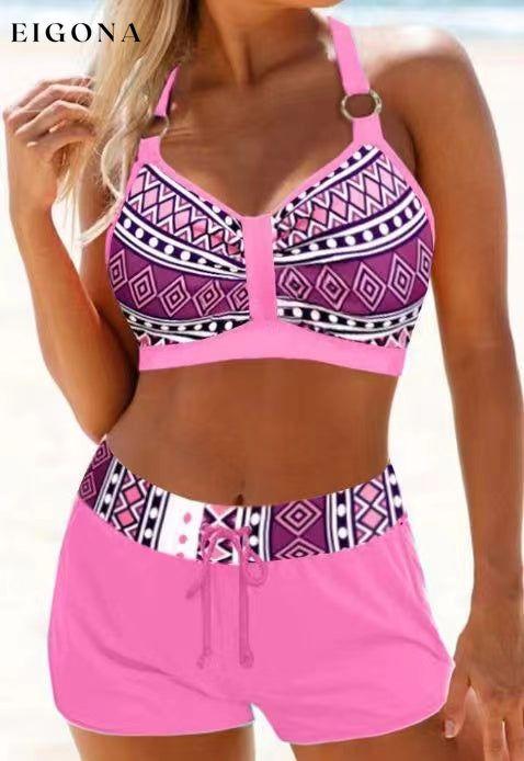 Geometric Print High Waist Bikinis Pink