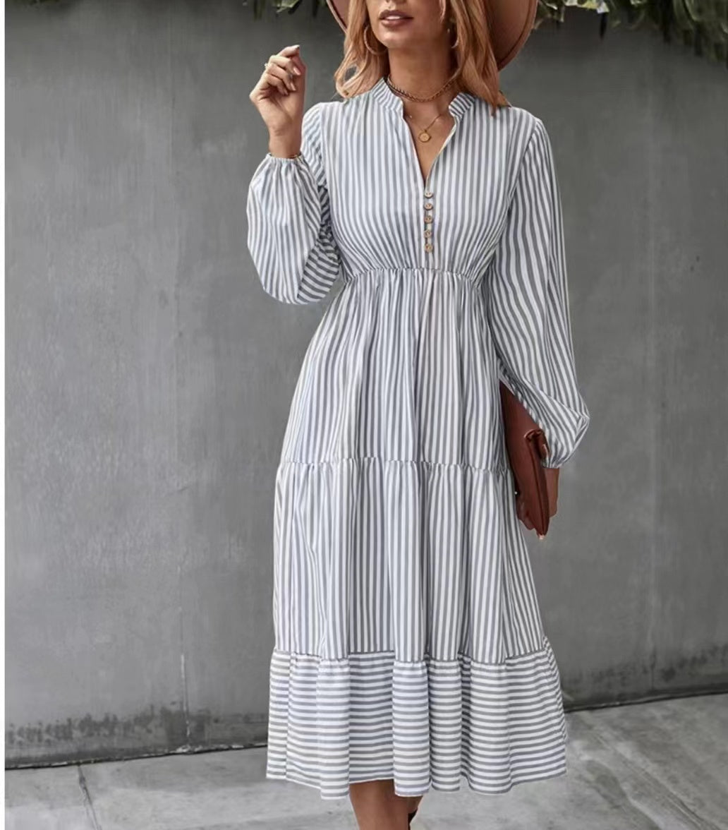 Striped print long-sleeve dress Black 23BF Casual Dresses Clothes Dresses SALE Spring Summer