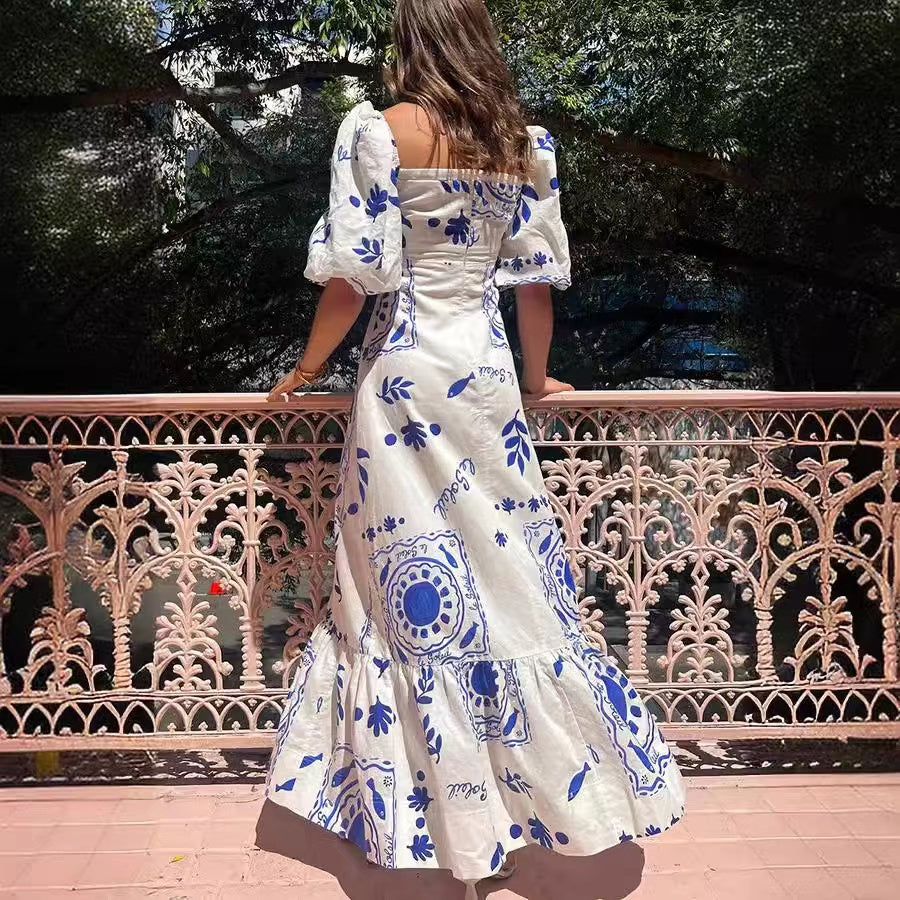 Elegant floral print puff sleeve A-line long dress casual dresses spring summer