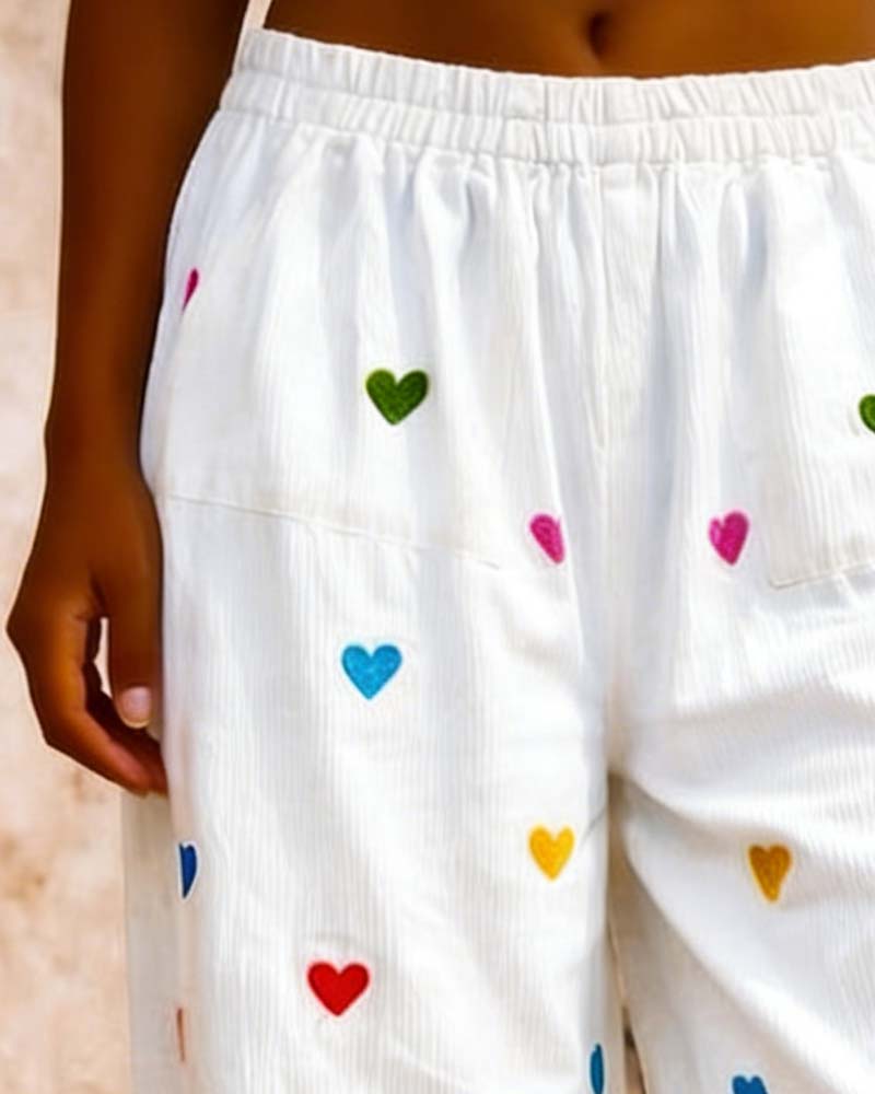 Heart Elastic Waist Wide Leg Cropped Pants