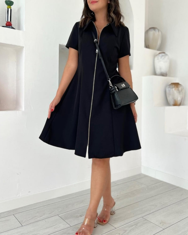 Solid color lapel zipper short sleeve dress casual dresses summer