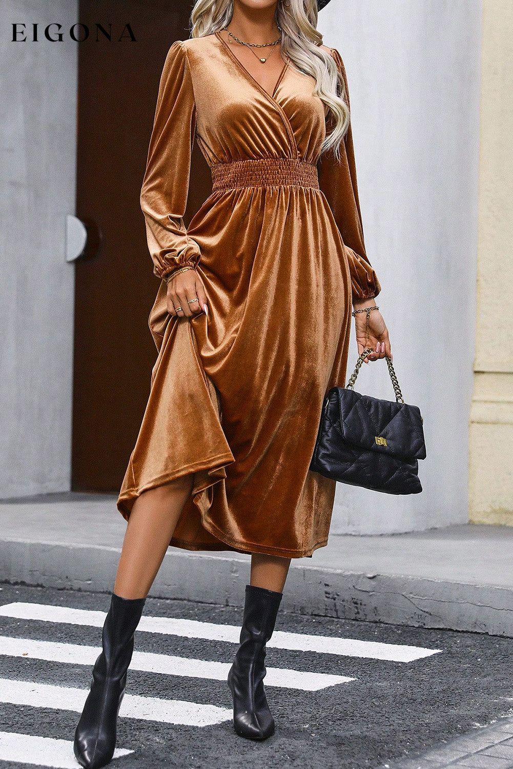 Camel Wrap V Neck Smocked High Waist Long Sleeve Velvet Midi Dress Best Sellers casual dresses clothes dress dresses Fabric Velvet long sleeve dress long sleeve dresses midi dress midi dresses Occasion Daily Print Solid Color Season Winter short dresses Silhouette A-Line Style Elegant