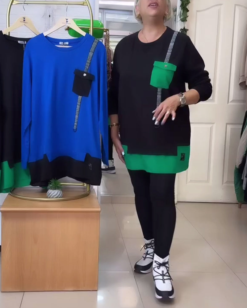 Lässiges Sweatshirt mit Rundhalsausschnitt und Tasche in Kontrastfarbe