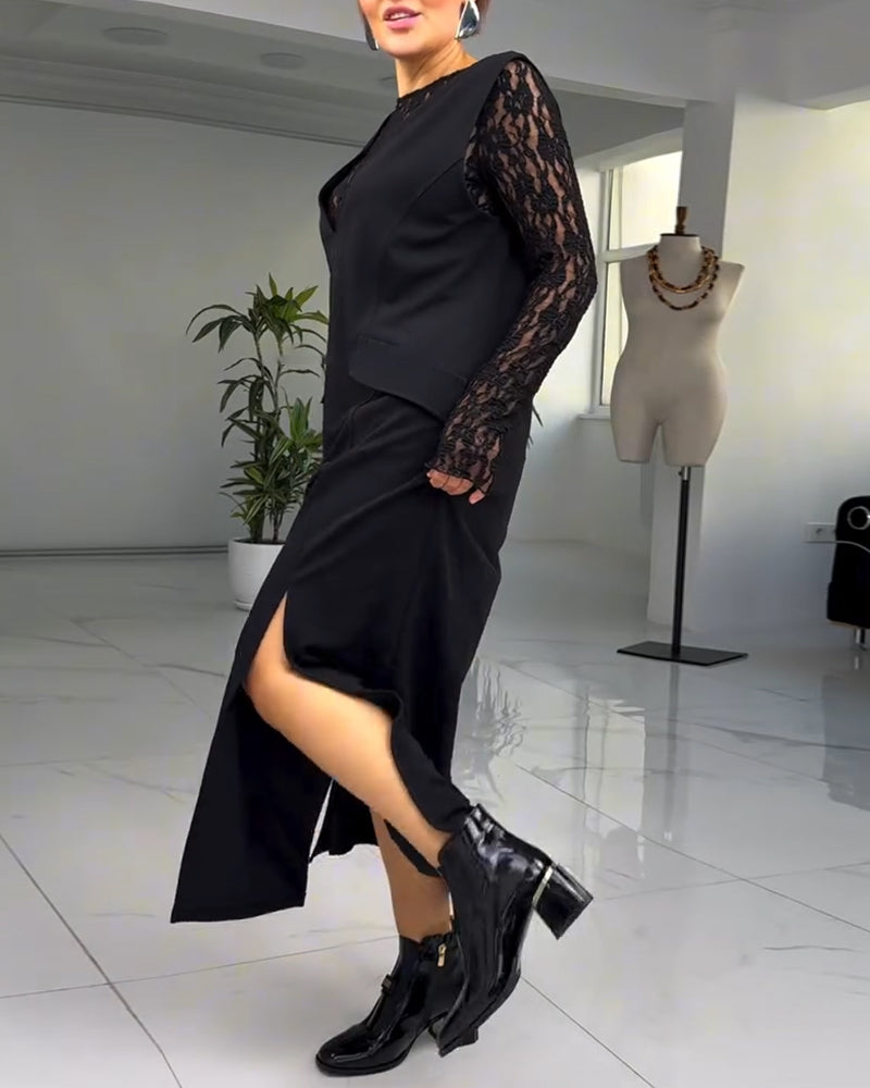 European And American Lace Stitching Slit Dress 2024 f/w casual dresses