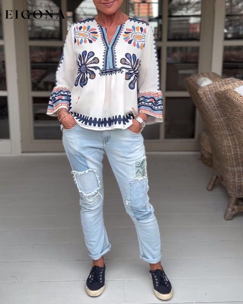 Printed bell sleeve casual top blouses & shirts spring summer