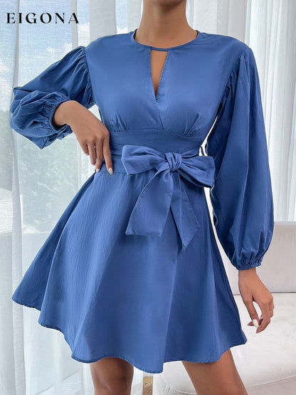 Round Neck Tie Waist Long Sleeve Mini Dress Dusty Blue clothes Hanny Ship From Overseas Shipping Delay 09/29/2023 - 10/04/2023 trend