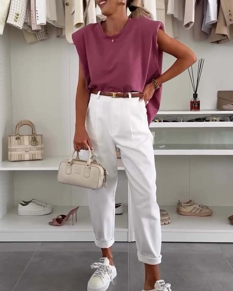 Sleeveless Solid Color Round Neck Casual Tank Top