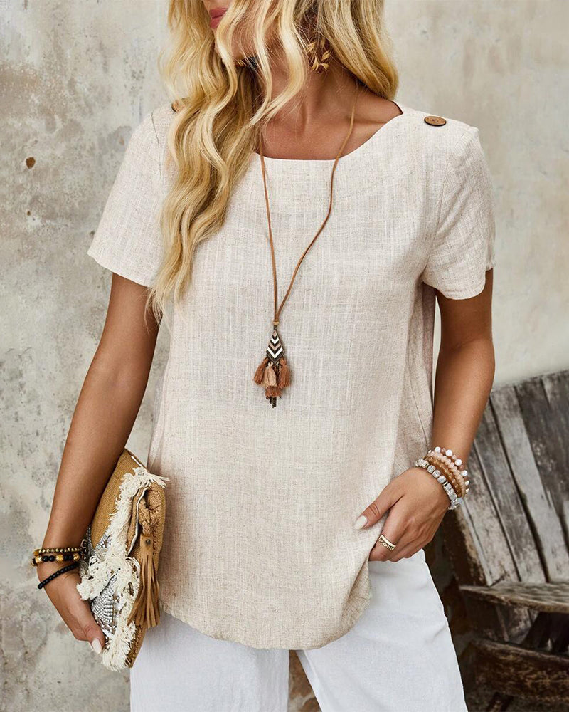 Kurzarm-T-Shirt aus Baumwolle und Leinen mit Rundhalsausschnitt