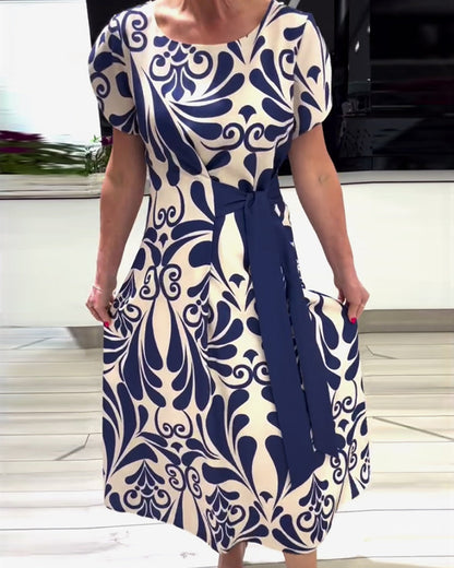 Elegant contrast print short sleeve dress