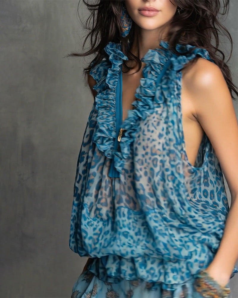 Ruffle Sleeveless Zipper Leopard Print Tank Top