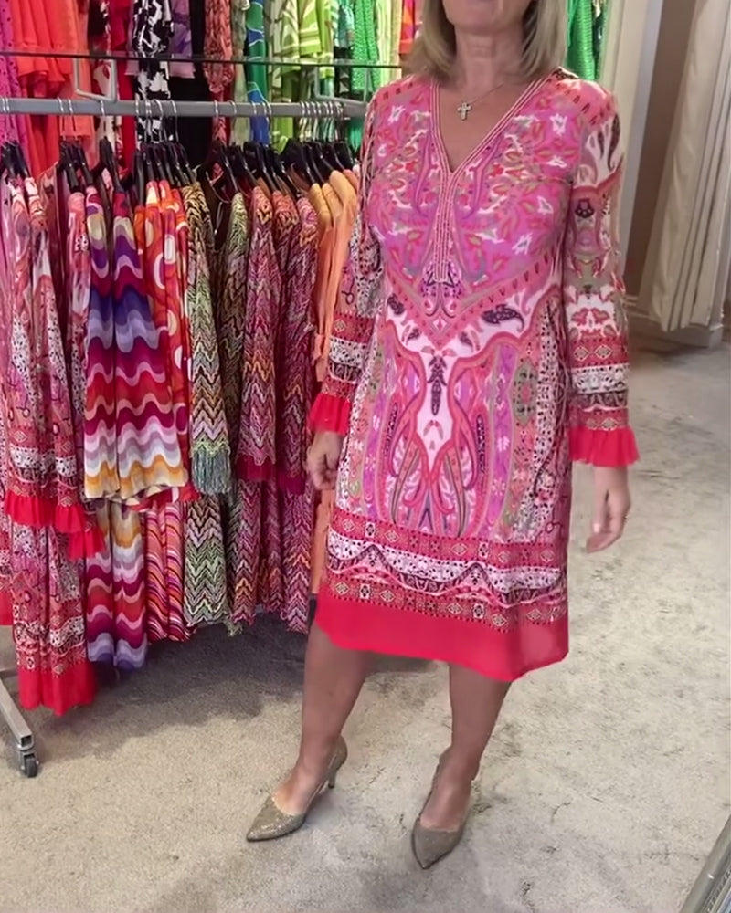 Boho print long sleeve ruffle dress 2024 f/w boho dresses spring