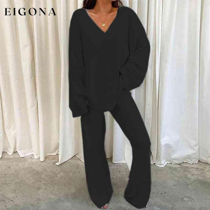 V-Neck Long Sleeve Top and Long Pants Set Black clothes R.T.S.C Ship From Overseas