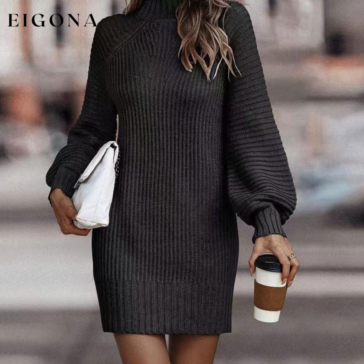 Mock Neck Lantern Sleeve Sweater Dress Black casual dresses clothes dress dresses Ship From Overseas Shipping Delay 09/29/2023 - 10/04/2023 sweater dress Y@Y@D@Y