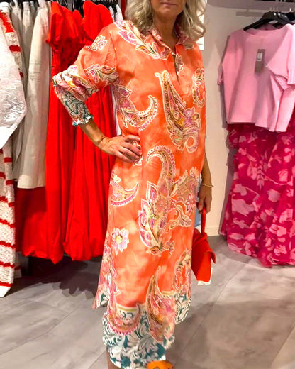 Langärmliges Kleid mit Stehkragen und Cashew-Print