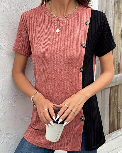 Round Neck Contrast Knitted Short-Sleeved T-Shirt