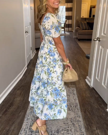 A-Linien-Kleid mit eckigem Ausschnitt, Plissee und Blumenmuster