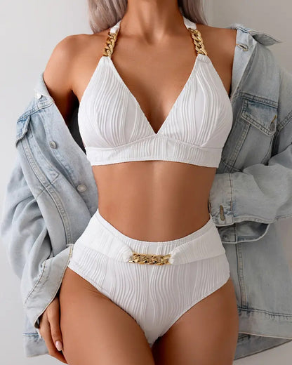 Sexy Halterneck Solid Color High Waist Bikini