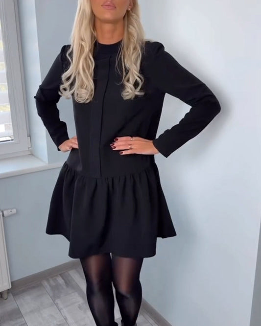 Long-Sleeved Pleated A-Line Dress