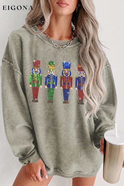 Sequin Nutcracker Drop Shoulder Holiday Sweatshirt Sage Christmas christmas sweater clothes Ship From Overseas SYNZ