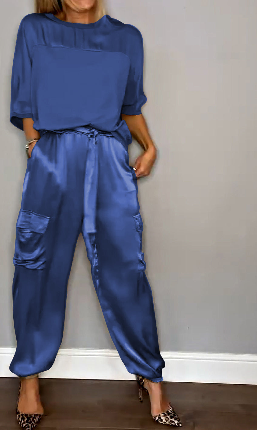 Women's Smooth Satin Half-sleeved Top and Pant Suit Two-piece Blue Suit Top&Pant Two-piece