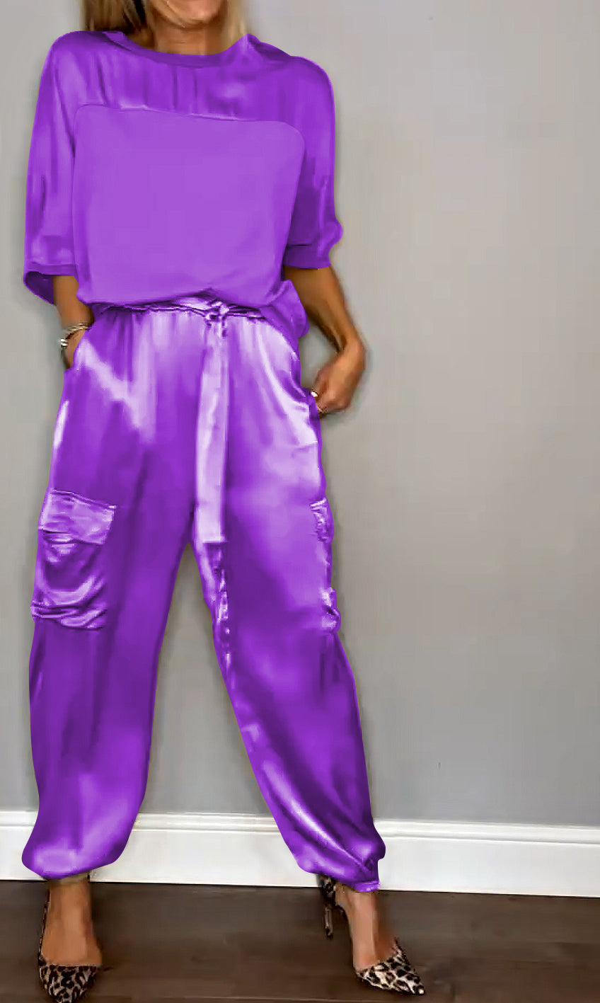 Women's Smooth Satin Half-sleeved Top and Pant Suit Two-piece Purple Suit Top&Pant Two-piece