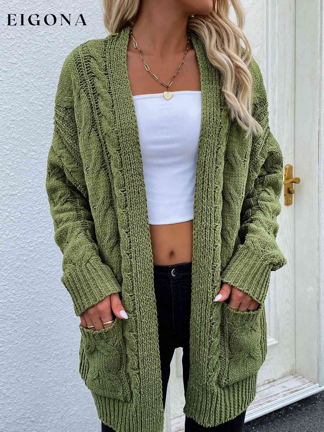 Woven Right Cable-Knit Open Front Cardigan with Front Pockets Green cardigan cardigans clothes Ship From Overseas Woven Right