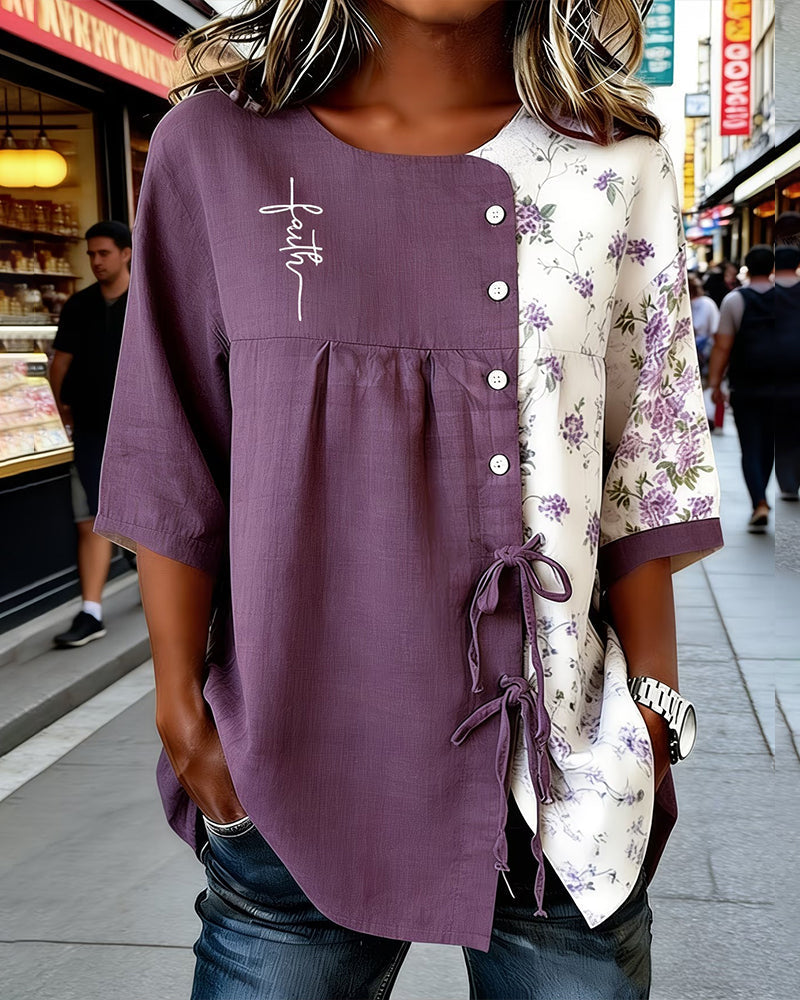 Asymmetrical Spliced Floral Color-Block Blouse