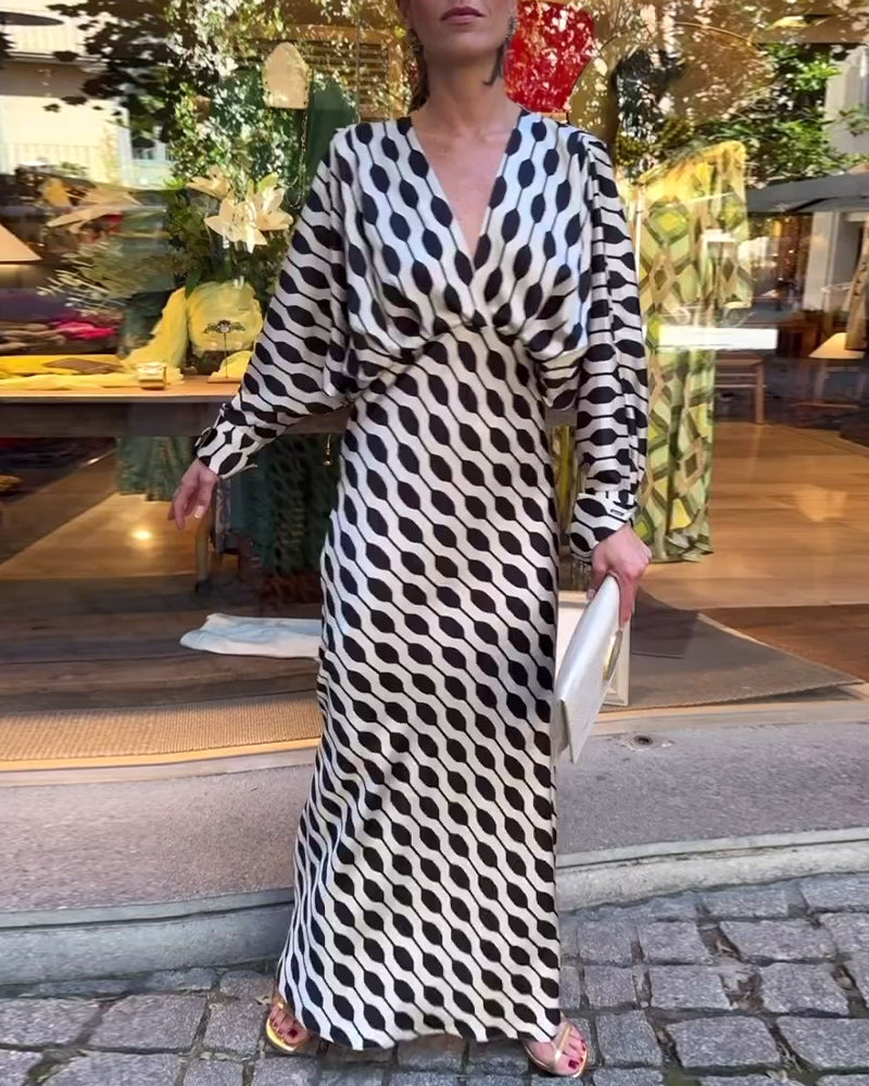 Fashionable geometric print V-neck long-sleeve dress 202466 casual dresses spring summer