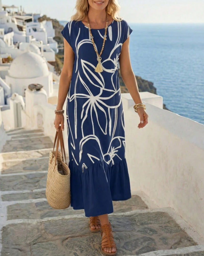 Round-Neck Printed A-Line Dress