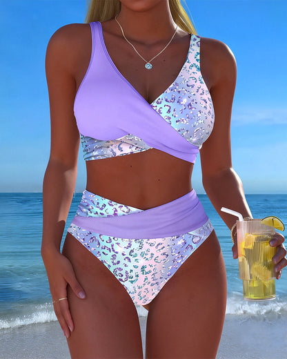 Cross Color Block Leopard Print Bikini