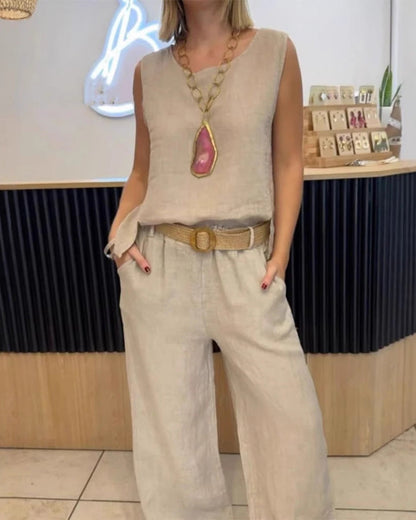 Einfarbiges ärmelloses Hosenset aus Baumwolle und Leinen