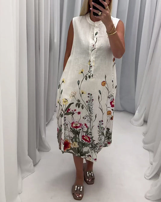 Elegant floral print button sleeveless dress