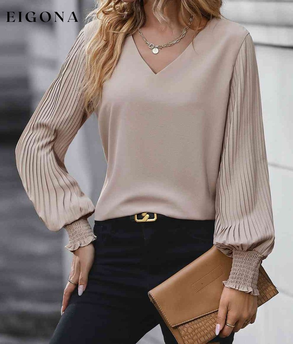 Pleated Lantern Sleeve V-Neck Long Sleeve Blouse clothes Hundredth long sleeve long sleeve shirt long sleeve shirts long sleeve top Ship From Overseas shirt shirts