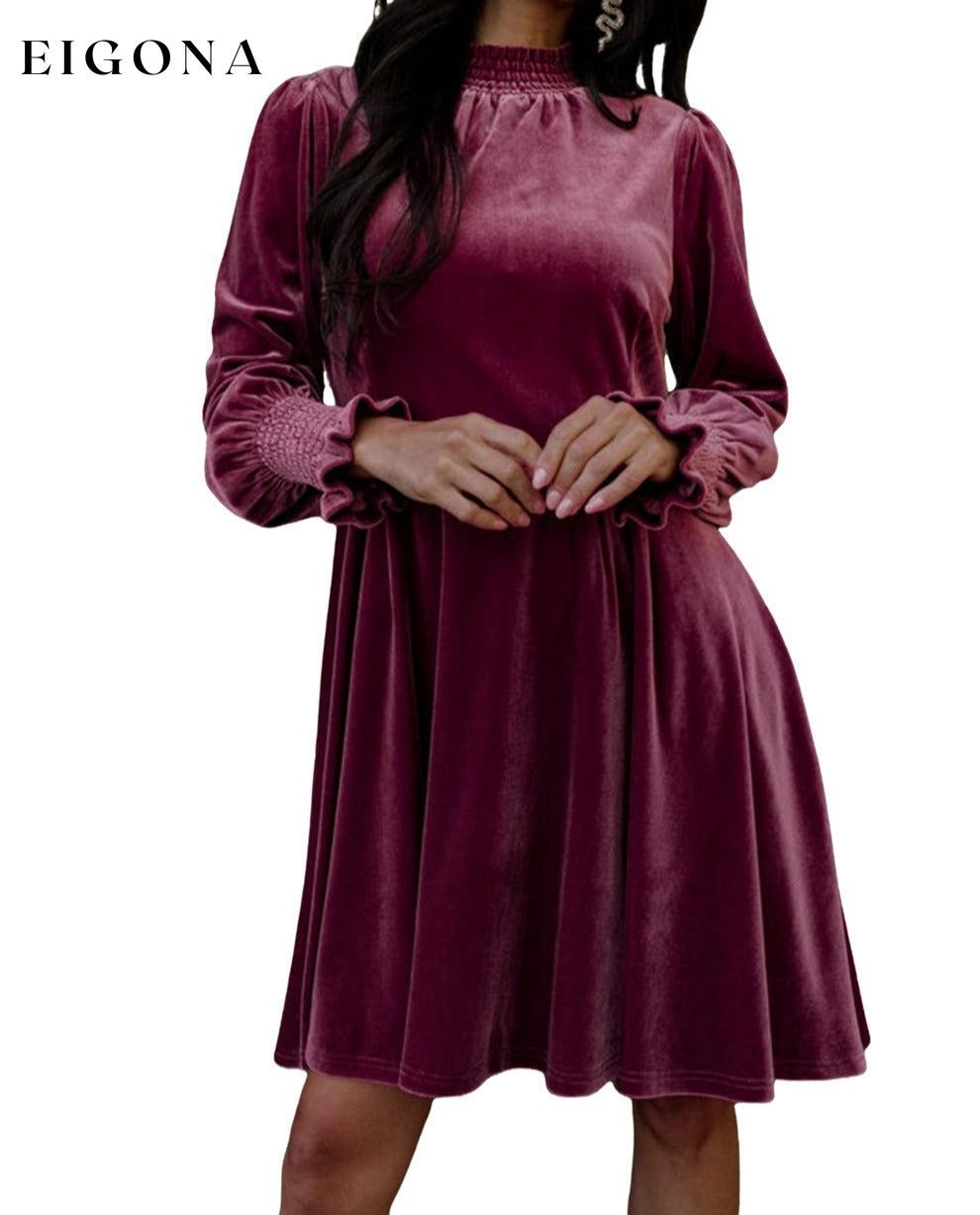 Burgundy Long Sleeve Dress, Smocked High Neck Flounce Sleeve Velvet Dress All In Stock casual dresses clothes Color Pink Day Valentine's Day dress dresses EDM Monthly Recomend Fabric Velvet long sleeve dress long sleeve dresses Occasion Daily Print Solid Color Season Winter short dresses Silhouette A-Line Style Southern Belle