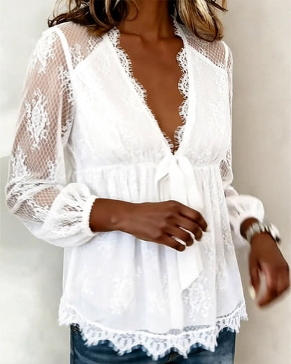 Deep V Tie Lace Blouse
