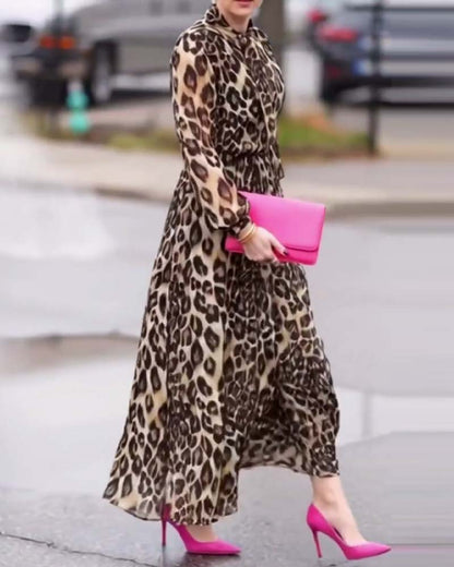 Elegant Leopard Print Long-Sleeved Dress